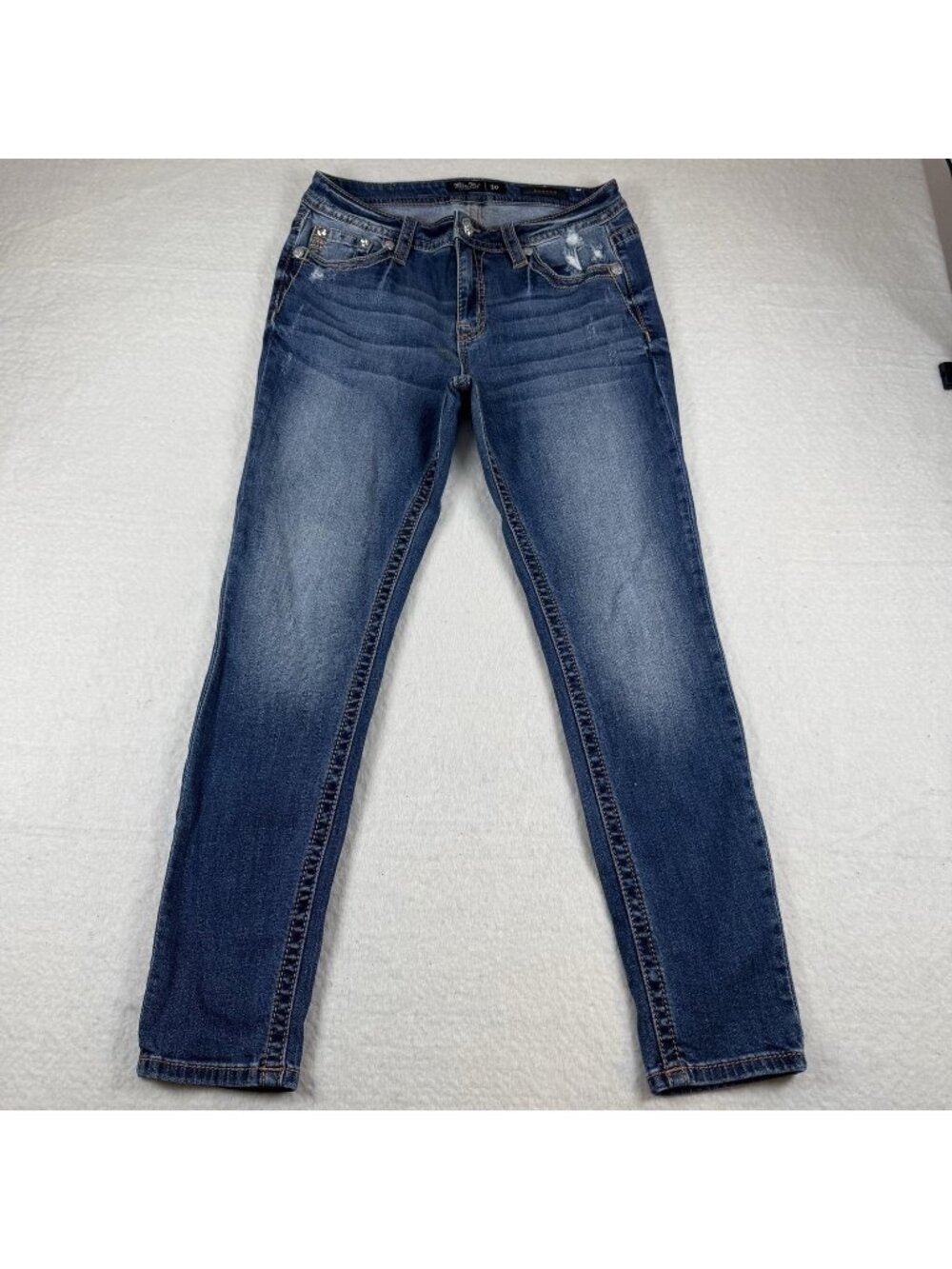 Miss Me Heaven Skinny Jeans Womens Size 30 Blue Distressed Rhinestone Pockets